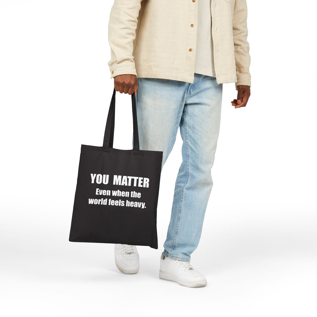You Matter Tote Bag Black | Inspirational typography canvas tote, mental health message