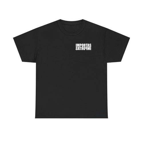 IMPORTAS mirrored text Adult Tee | Minimal graphic front and bold back print